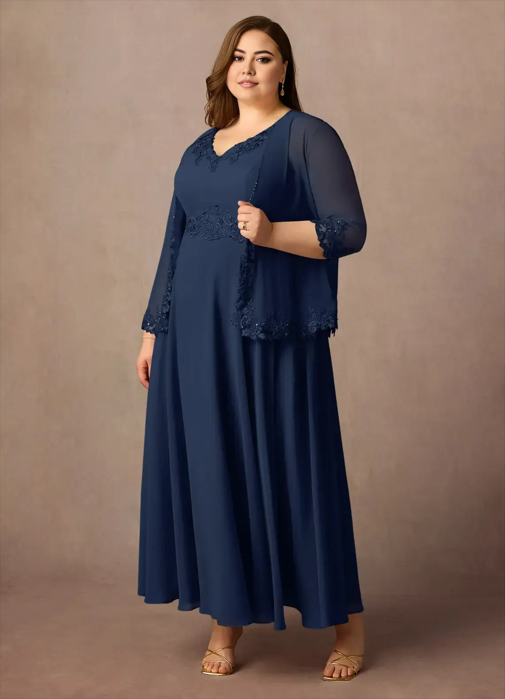 Navy Dress Solid Color Dark A-Line Sequins Plus Size Mother Of The Bride Dress Ankle-Length Three-Quarter Sleeve V-Neck V back Mother of the Bride Dress