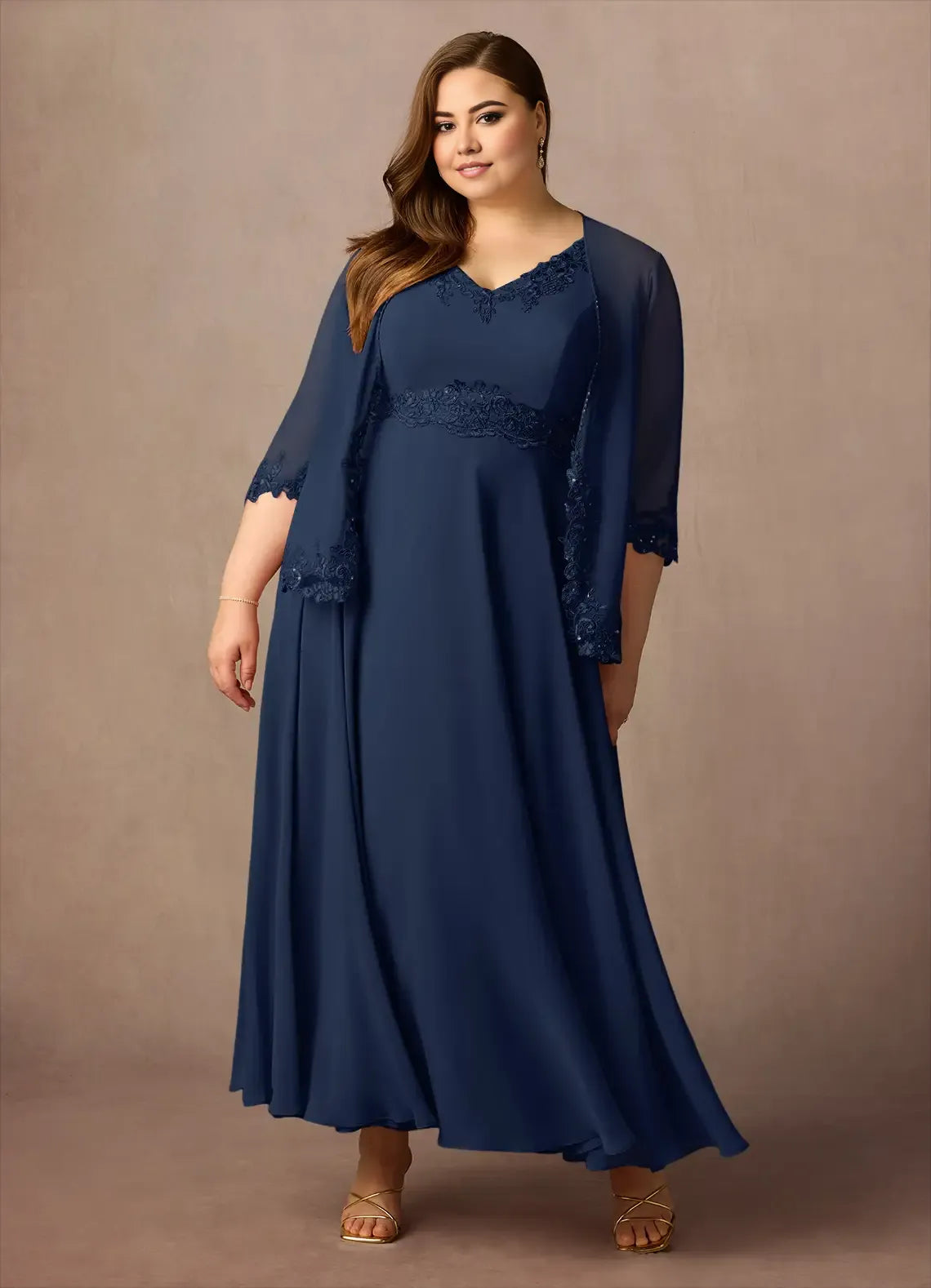Navy Dress Solid Color Dark A-Line Sequins Plus Size Mother Of The Bride Dress Ankle-Length Three-Quarter Sleeve V-Neck V back Mother of the Bride Dress