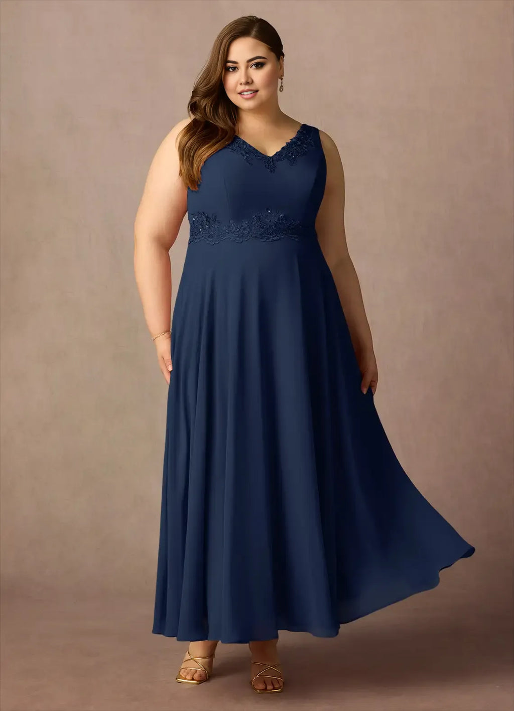 Navy Dress Solid Color Dark A-Line Sequins Plus Size Mother Of The Bride Dress Ankle-Length Three-Quarter Sleeve V-Neck V back Mother of the Bride Dress