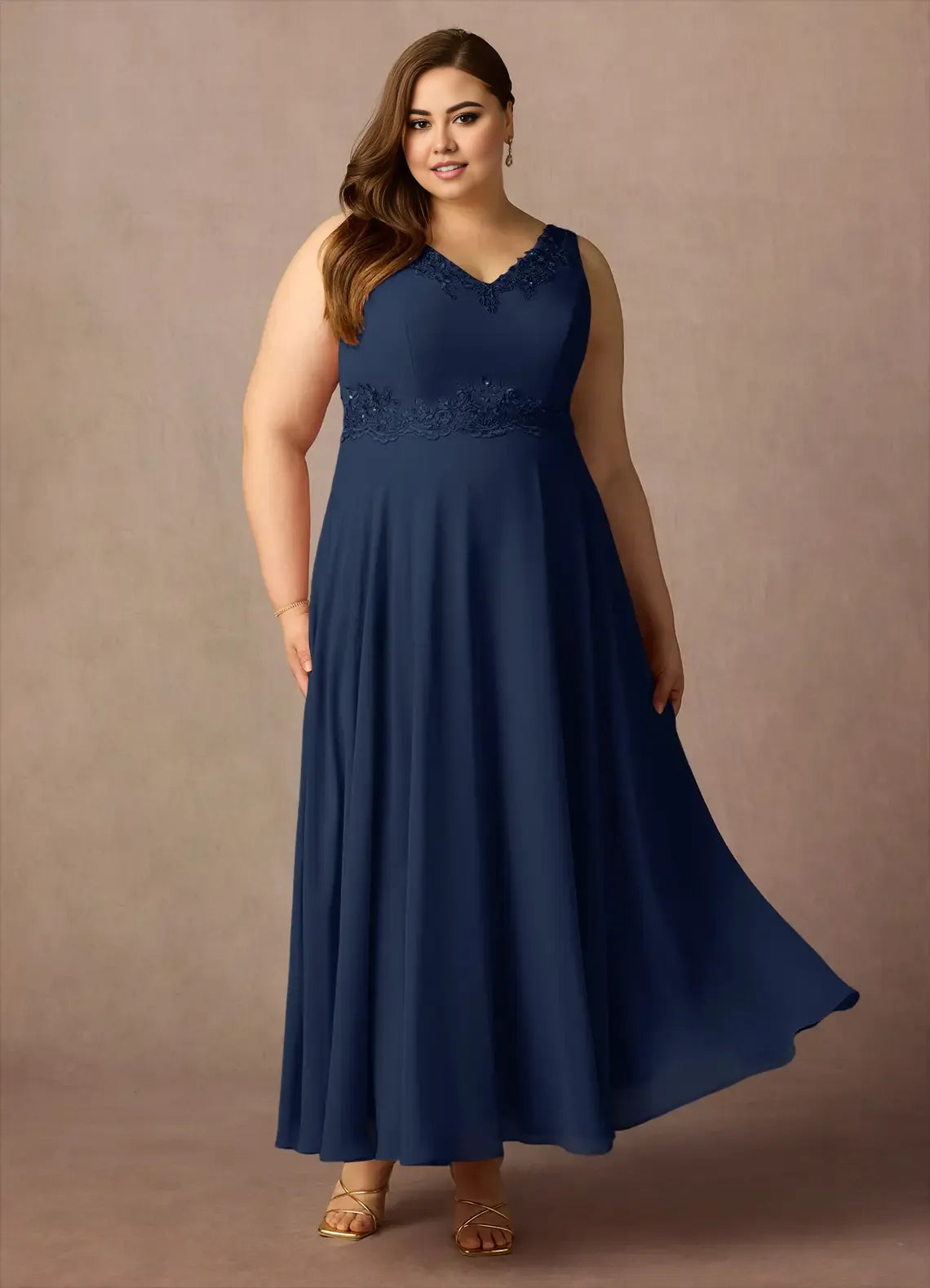 Navy Dress Solid Color Dark A-Line Sequins Plus Size Mother Of The Bride Dress Ankle-Length Three-Quarter Sleeve V-Neck V back Mother of the Bride Dress