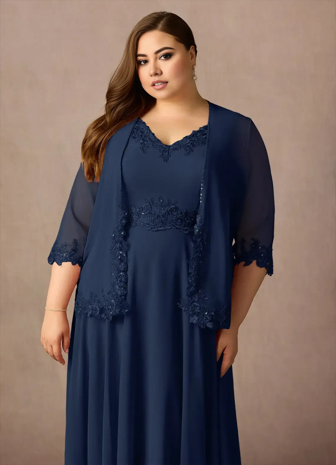 Navy Dress Solid Color Dark A-Line Sequins Plus Size Mother Of The Bride Dress Ankle-Length Three-Quarter Sleeve V-Neck V back Mother of the Bride Dress