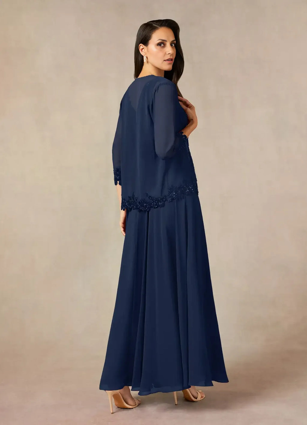 Navy Dress Solid Color Dark A-Line Sequins Dress Ankle-Length Three-Quarter Sleeve V-Neck V back Mother of the Bride Dress