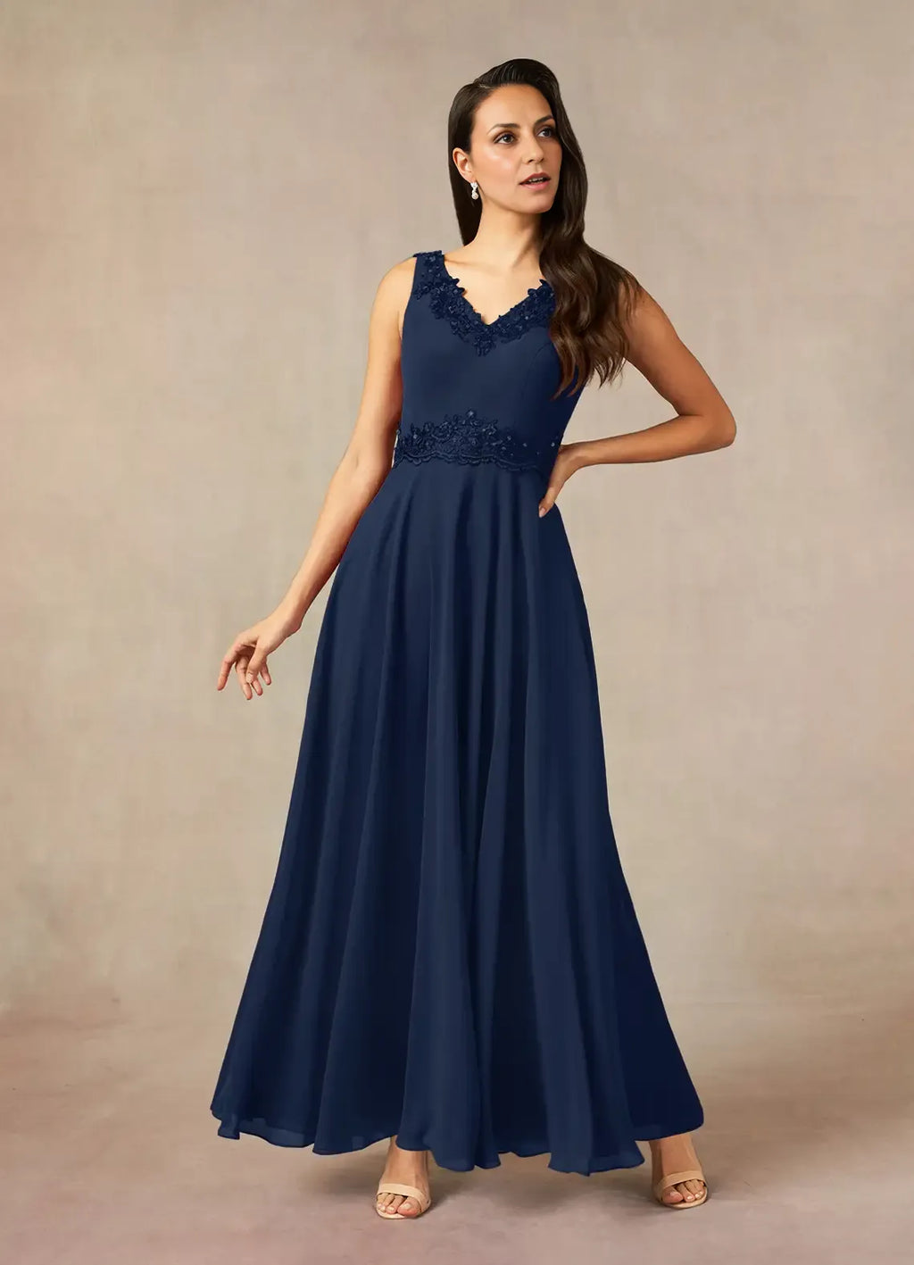Navy Dress Solid Color Dark A-Line Sequins Dress Ankle-Length Three-Quarter Sleeve V-Neck V back Mother of the Bride Dress