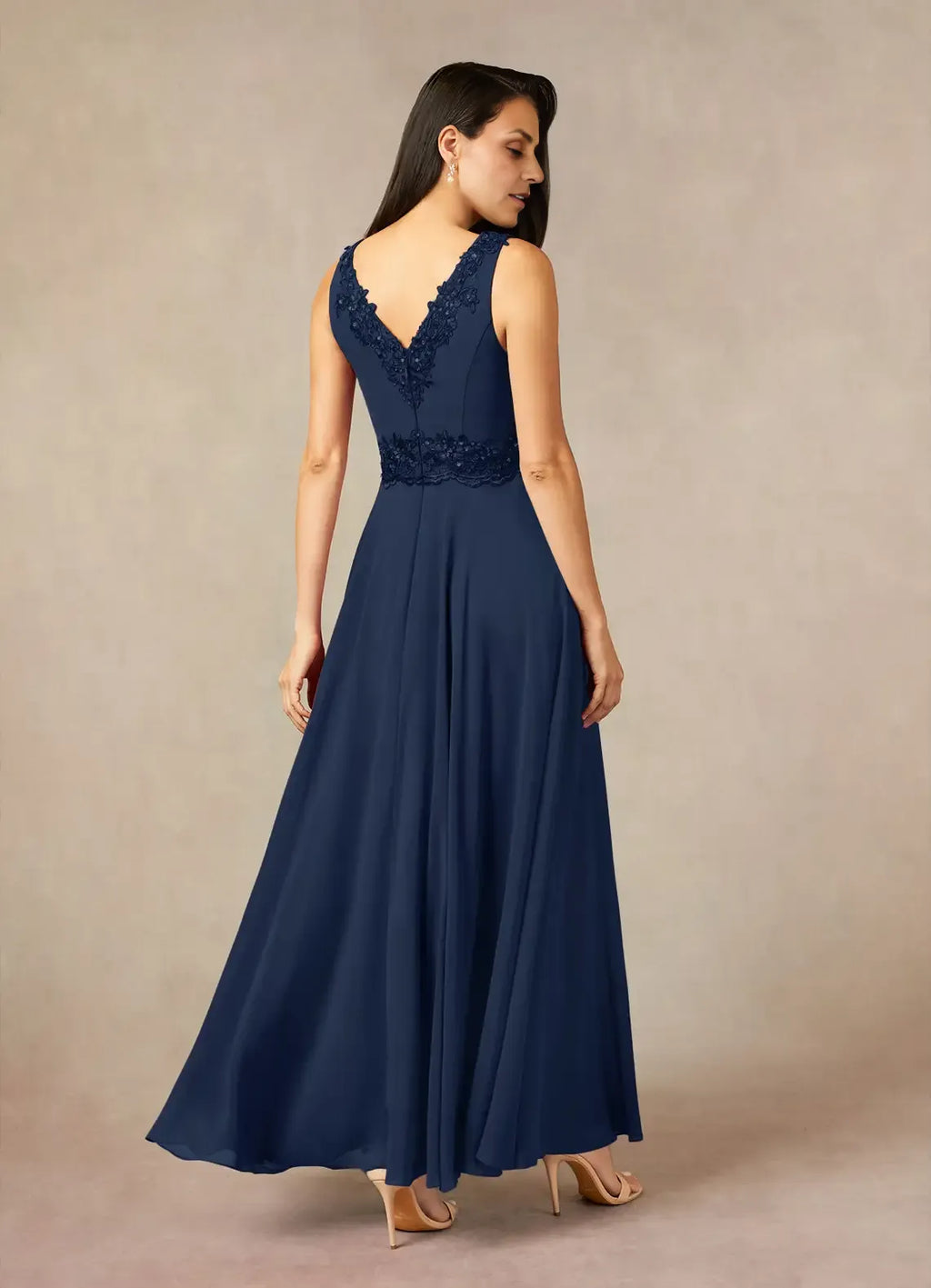 Navy Dress Solid Color Dark A-Line Sequins Dress Ankle-Length Three-Quarter Sleeve V-Neck V back Mother of the Bride Dress