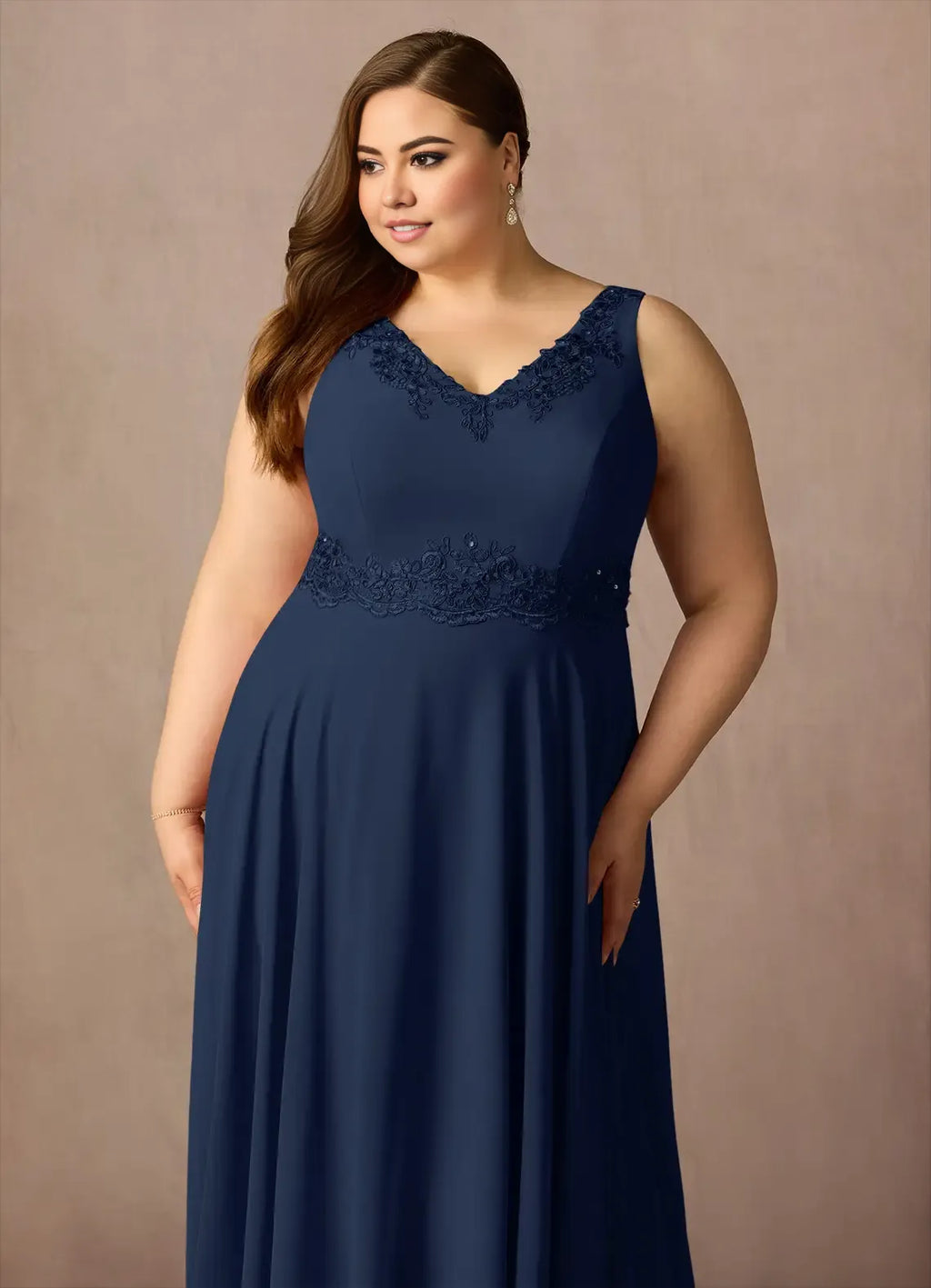 Navy Dress Solid Color Dark A-Line Sequins Plus Size Mother Of The Bride Dress Ankle-Length Three-Quarter Sleeve V-Neck V back Mother of the Bride Dress