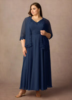Navy Dress Solid Color Dark A-Line Sequins Plus Size Mother Of The Bride Dress Ankle-Length Three-Quarter Sleeve V-Neck V back Mother of the Bride Dress