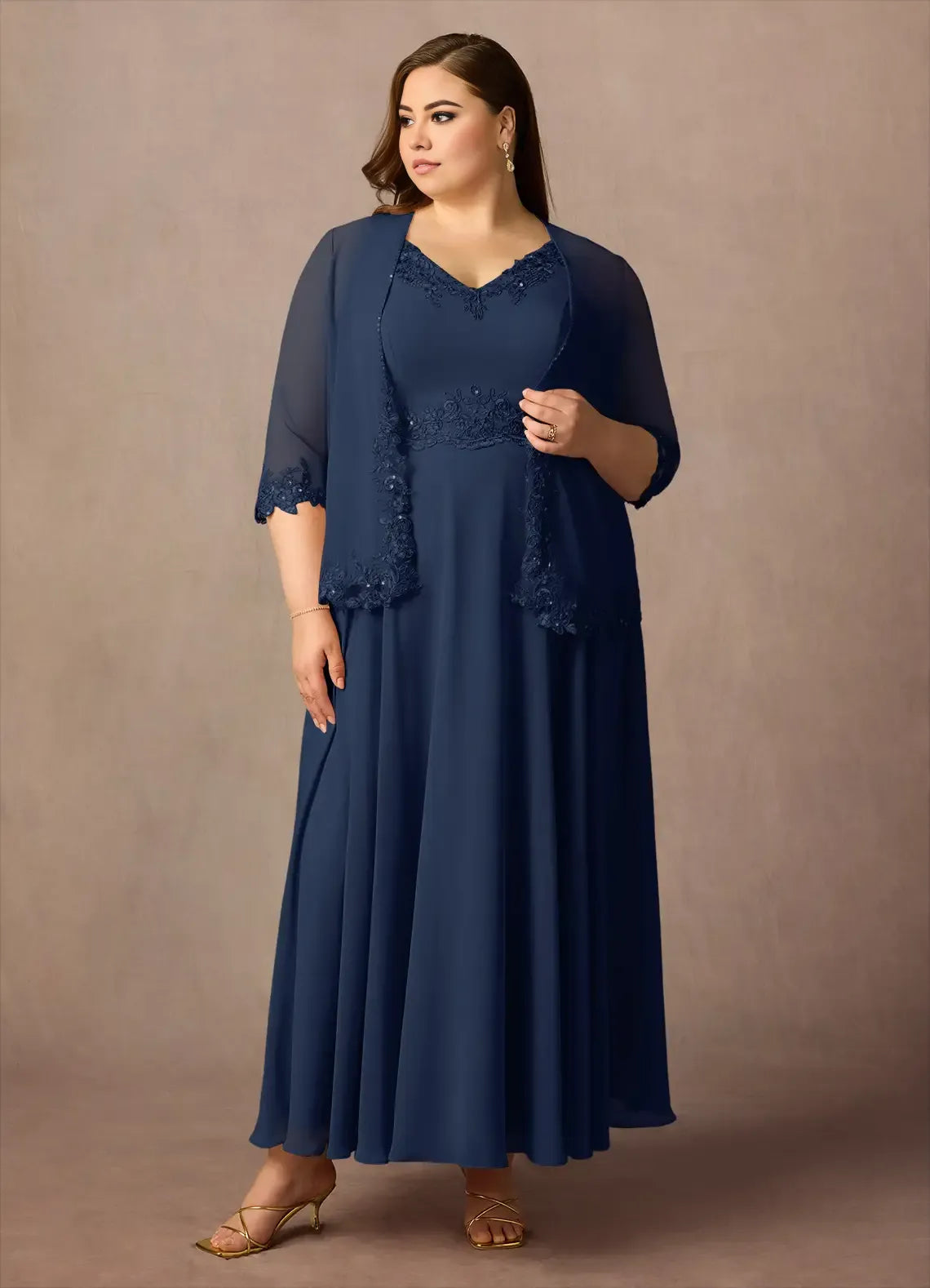 Navy Dress Solid Color Dark A-Line Sequins Plus Size Mother Of The Bride Dress Ankle-Length Three-Quarter Sleeve V-Neck V back Mother of the Bride Dress