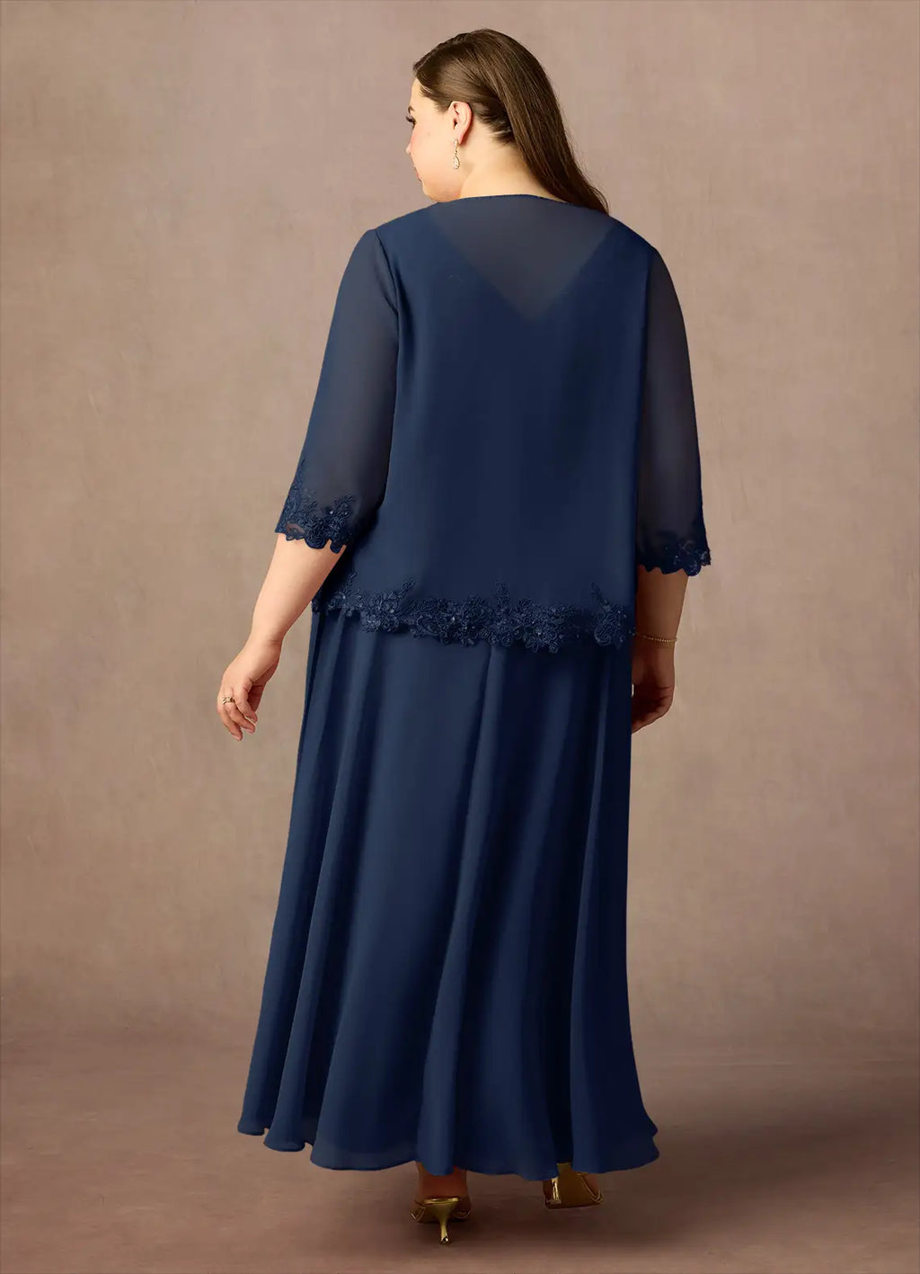 Navy Dress Solid Color Dark A-Line Sequins Plus Size Mother Of The Bride Dress Ankle-Length Three-Quarter Sleeve V-Neck V back Mother of the Bride Dress