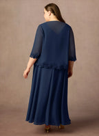 Navy Dress Solid Color Dark A-Line Sequins Plus Size Mother Of The Bride Dress Ankle-Length Three-Quarter Sleeve V-Neck V back Mother of the Bride Dress