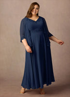 Navy Dress Solid Color Dark A-Line Sequins Plus Size Mother Of The Bride Dress Ankle-Length Three-Quarter Sleeve V-Neck V back Mother of the Bride Dress