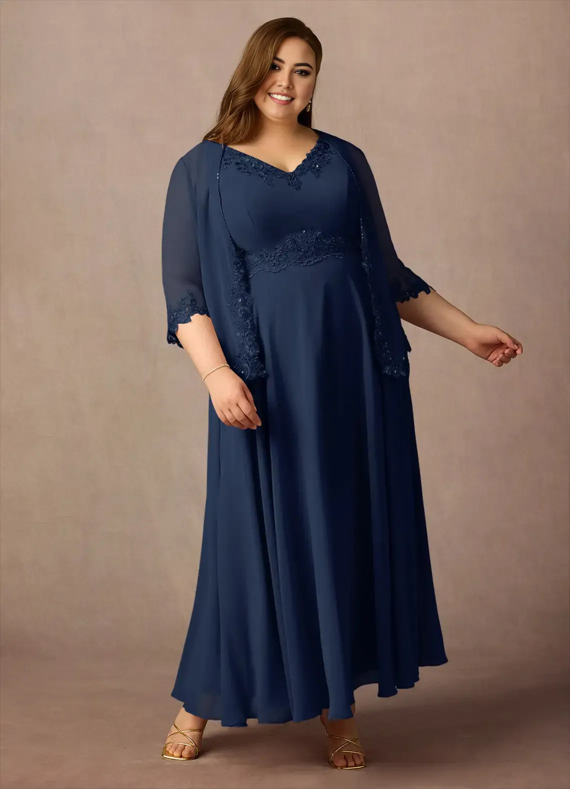 Navy Dress Solid Color Dark A-Line Sequins Plus Size Mother Of The Bride Dress Ankle-Length Three-Quarter Sleeve V-Neck V back Mother of the Bride Dress