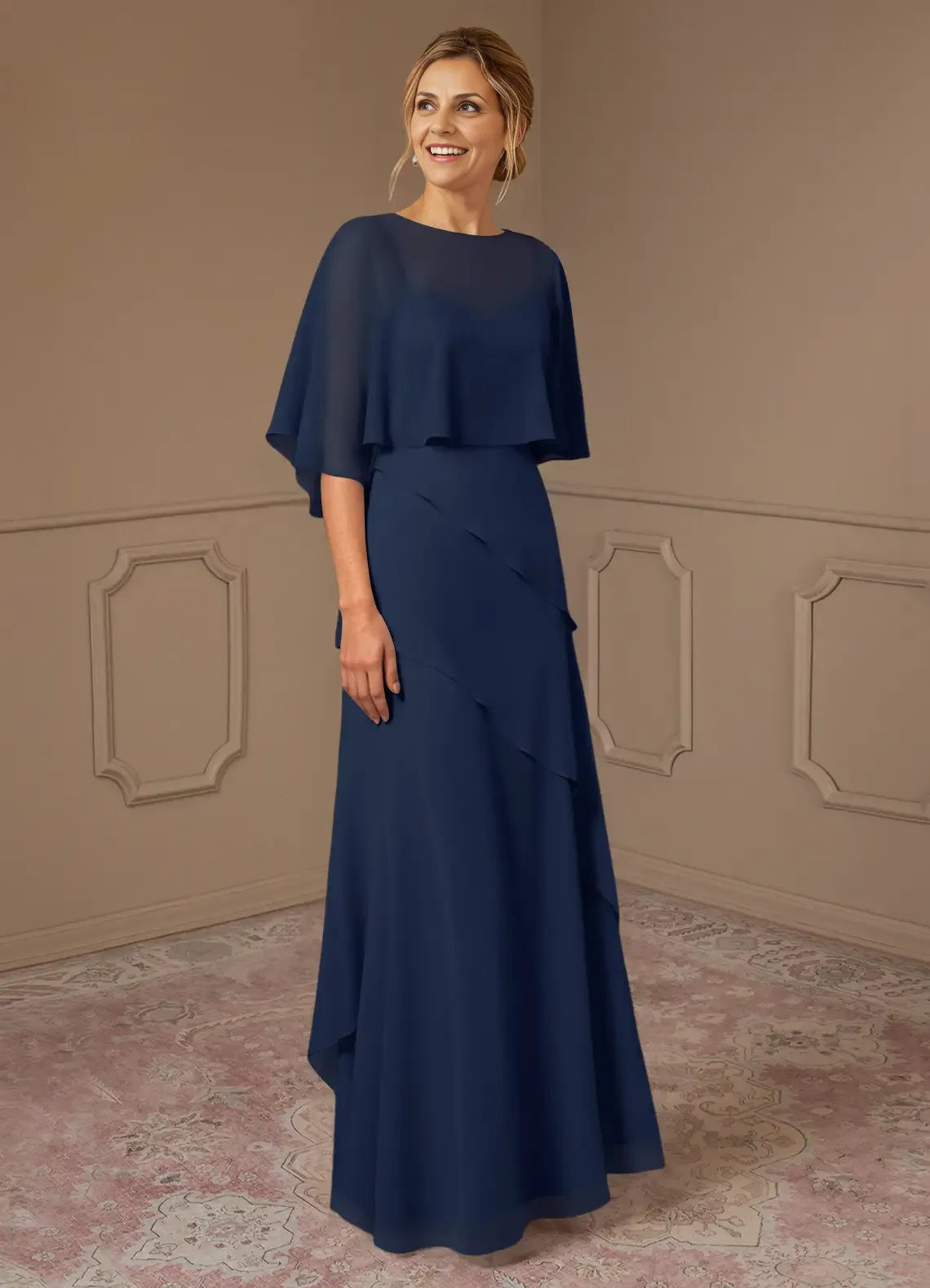 Dress A-Line Scoop Neck Dress Mother Of The Bride Dresses Elegant Cap Sleeves Capelet Evening Dress