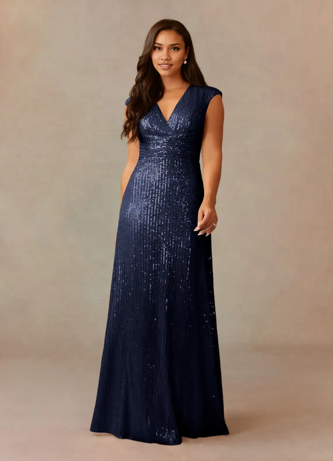 Dress Champagne A-Line V-Neck Ruched Sequins Mother Of The Bride Dresses Cap Sleeves Back Zip Ruffle Evening Dress