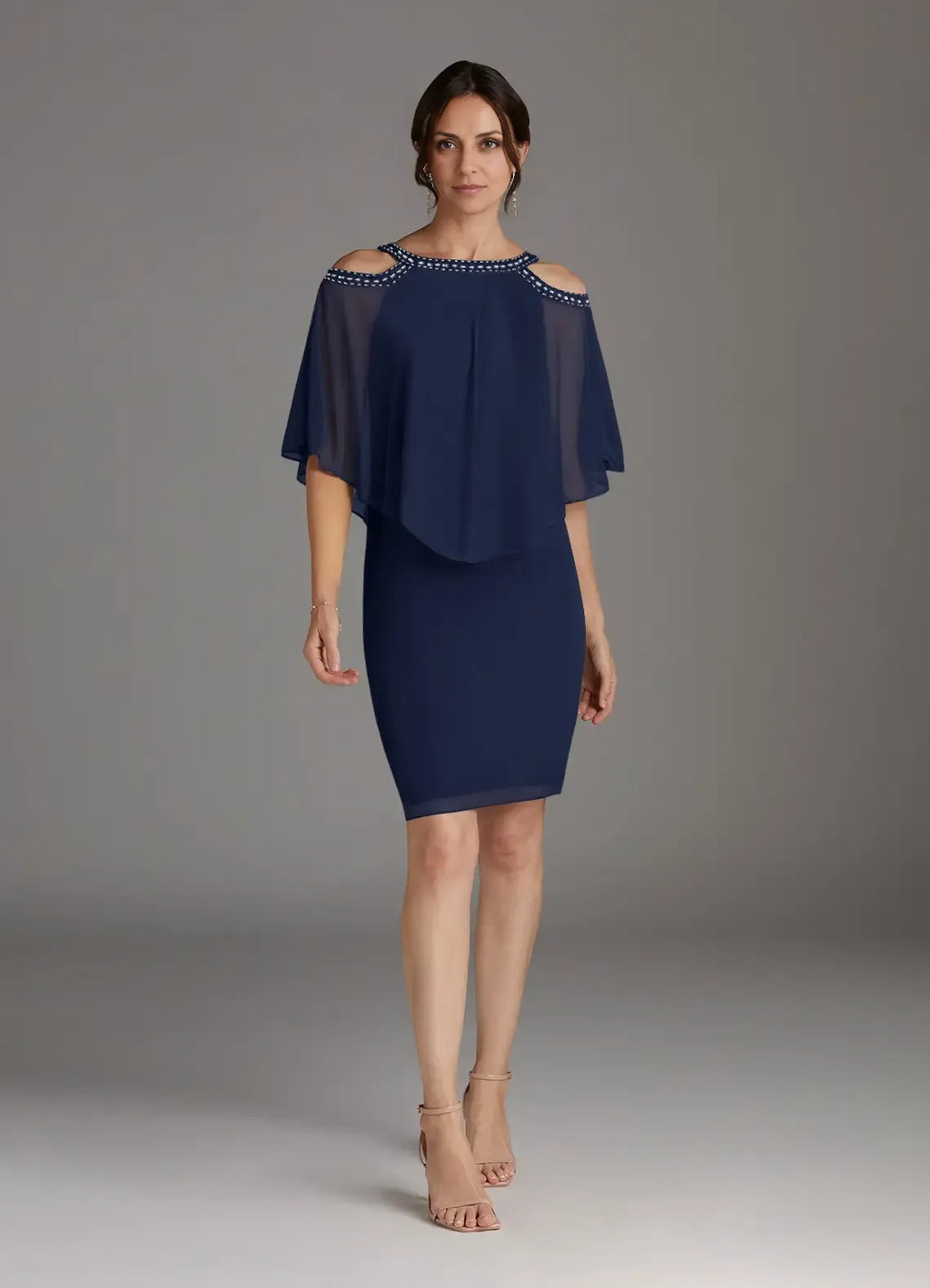 Navy Dark Sheath Sequins Knee-Length Dress Cold Shoulder Sleeve Solid Color Fashion Scoop Neck Mother of the Bride Dress