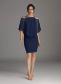 Navy Dark Sheath Sequins Knee-Length Dress Cold Shoulder Sleeve Solid Color Fashion Scoop Neck Mother of the Bride Dress