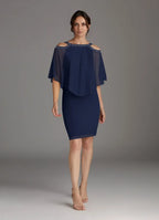Navy Dark Sheath Sequins Knee-Length Dress Cold Shoulder Sleeve Solid Color Fashion Scoop Neck Mother of the Bride Dress