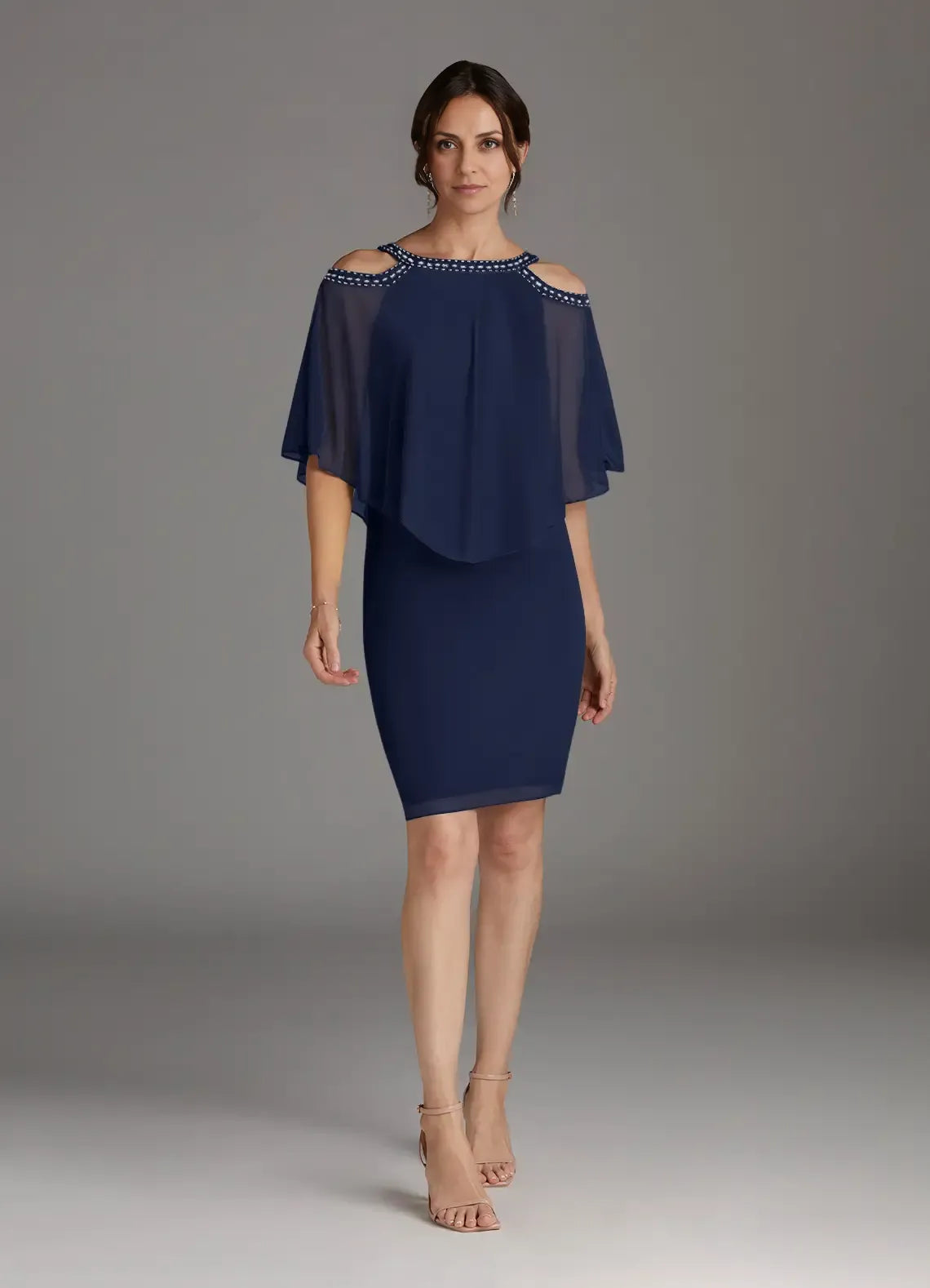 Navy Dark Sheath Sequins Knee-Length Dress Cold Shoulder Sleeve Solid Color Fashion Scoop Neck Mother of the Bride Dress