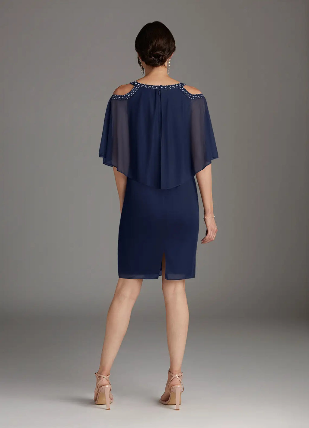 Navy Dark Sheath Sequins Knee-Length Dress Cold Shoulder Sleeve Solid Color Fashion Scoop Neck Mother of the Bride Dress
