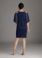 Navy Dark Sheath Sequins Knee-Length Dress Cold Shoulder Sleeve Solid Color Fashion Scoop Neck Mother of the Bride Dress