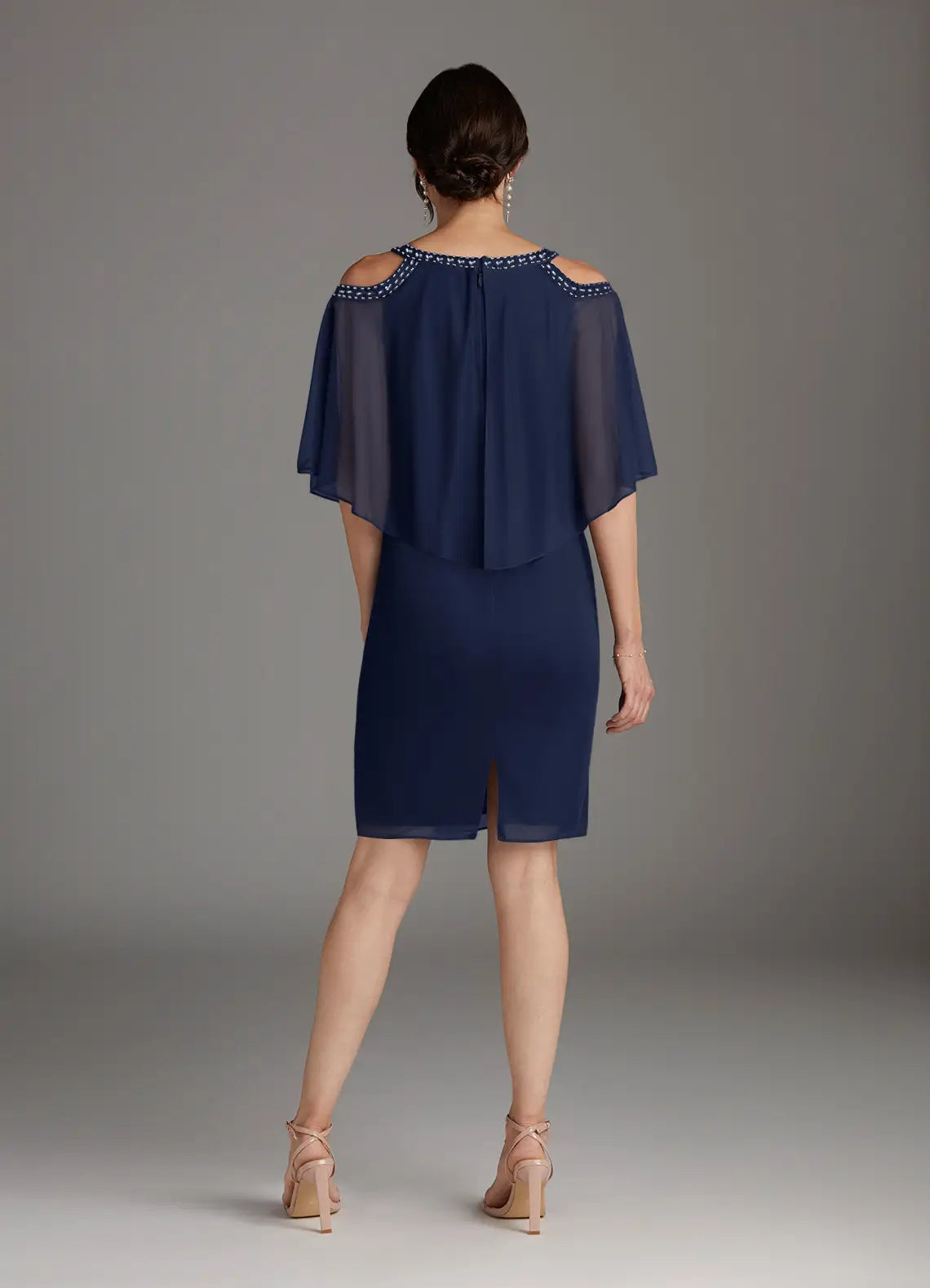 Navy Dark Sheath Sequins Knee-Length Dress Cold Shoulder Sleeve Solid Color Fashion Scoop Neck Mother of the Bride Dress