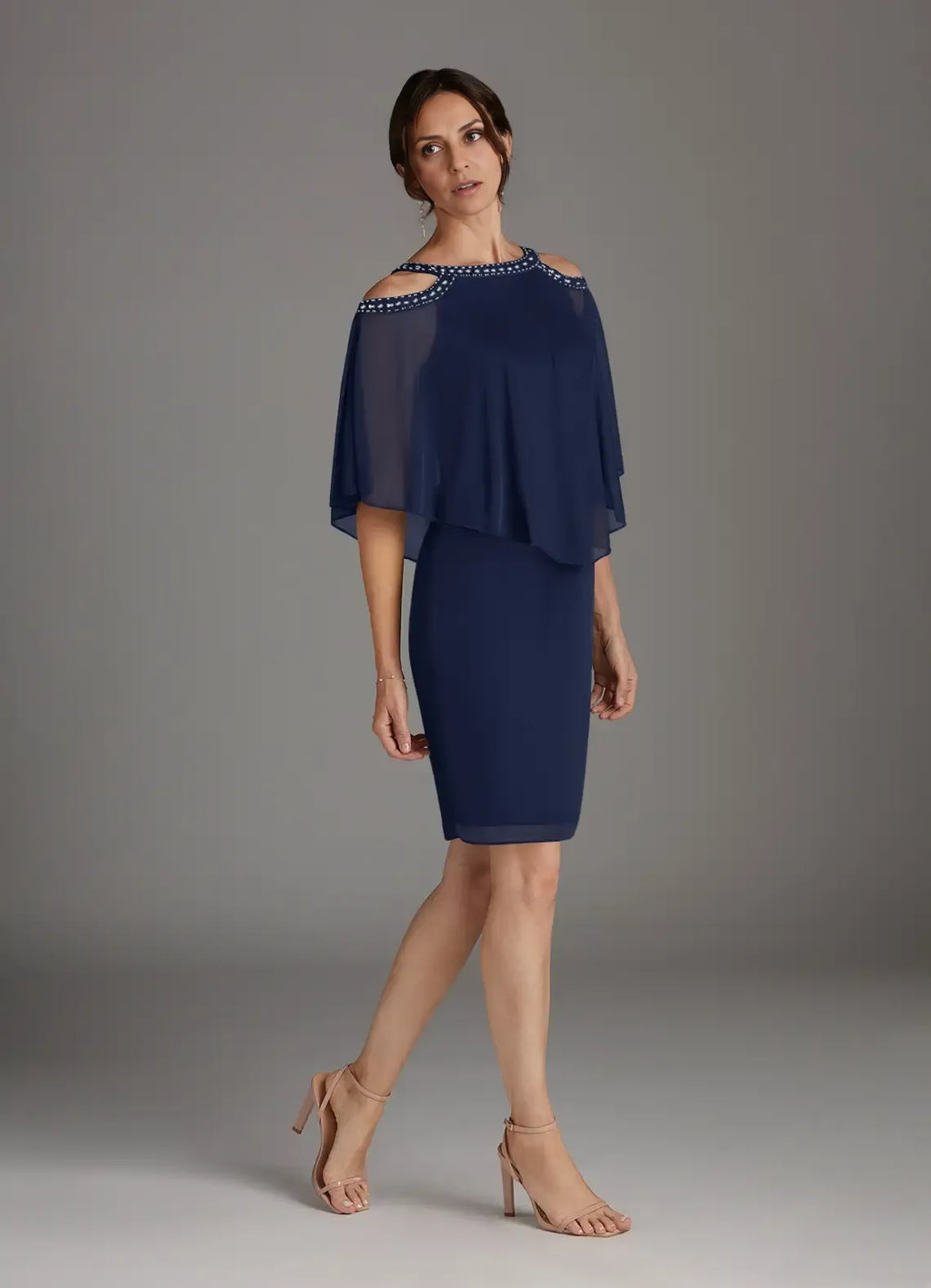 Navy Dark Sheath Sequins Knee-Length Dress Cold Shoulder Sleeve Solid Color Fashion Scoop Neck Mother of the Bride Dress