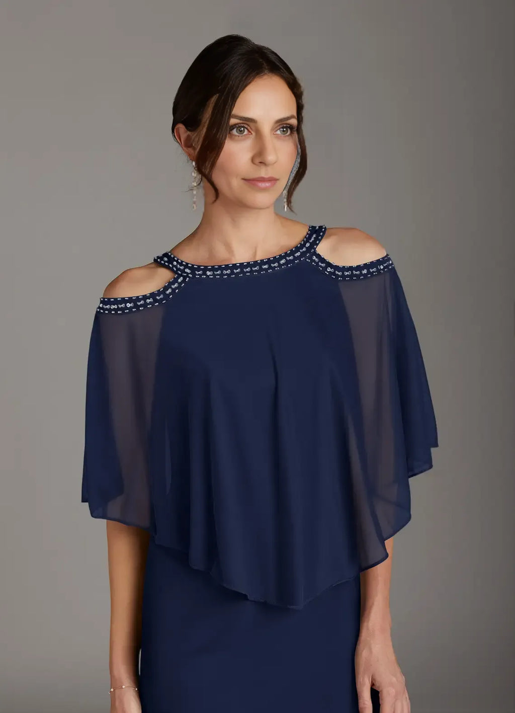 Navy Dark Sheath Sequins Knee-Length Dress Cold Shoulder Sleeve Solid Color Fashion Scoop Neck Mother of the Bride Dress