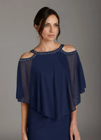 Navy Dark Sheath Sequins Knee-Length Dress Cold Shoulder Sleeve Solid Color Fashion Scoop Neck Mother of the Bride Dress