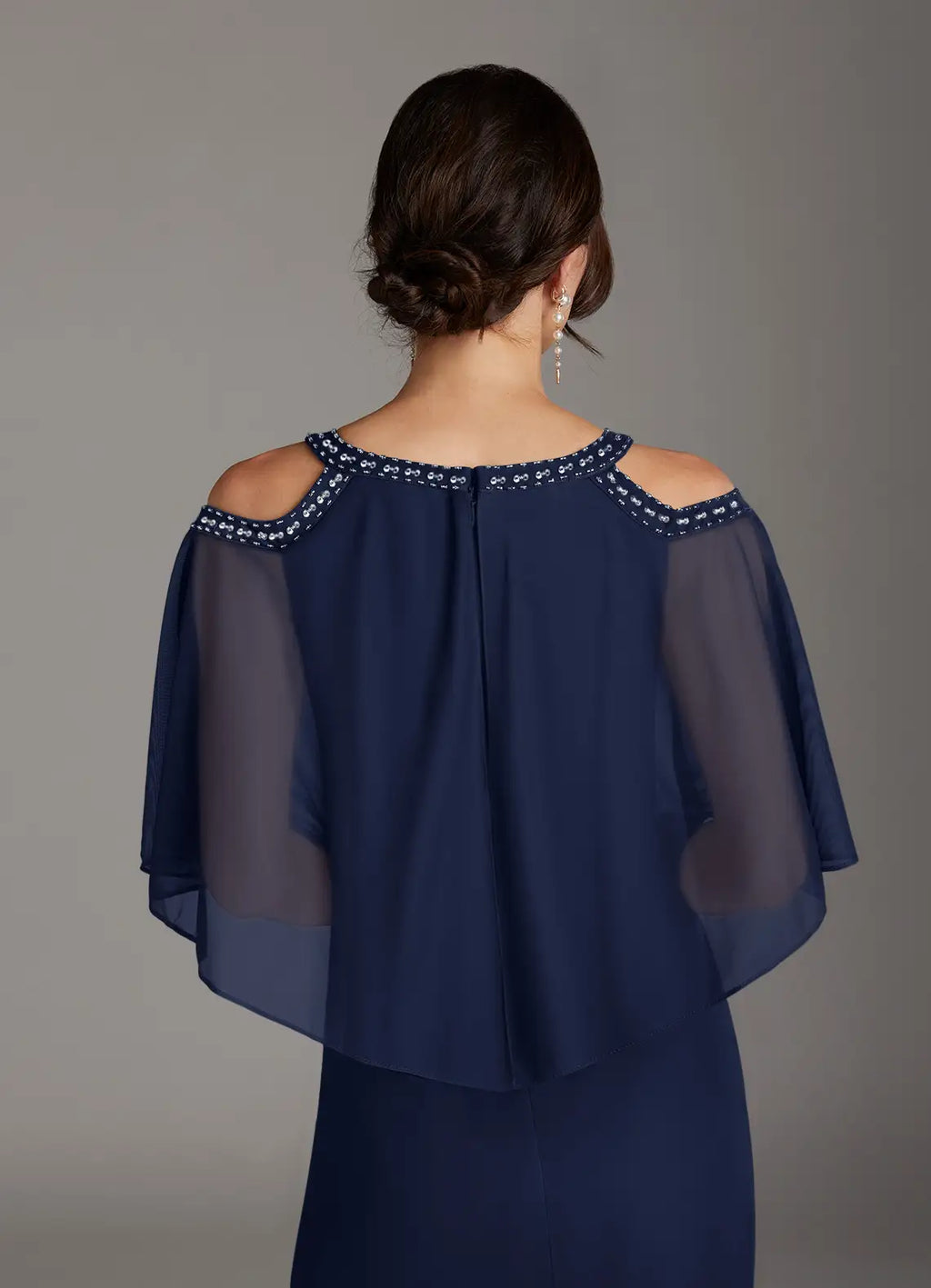 Navy Dark Sheath Sequins Knee-Length Dress Cold Shoulder Sleeve Solid Color Fashion Scoop Neck Mother of the Bride Dress