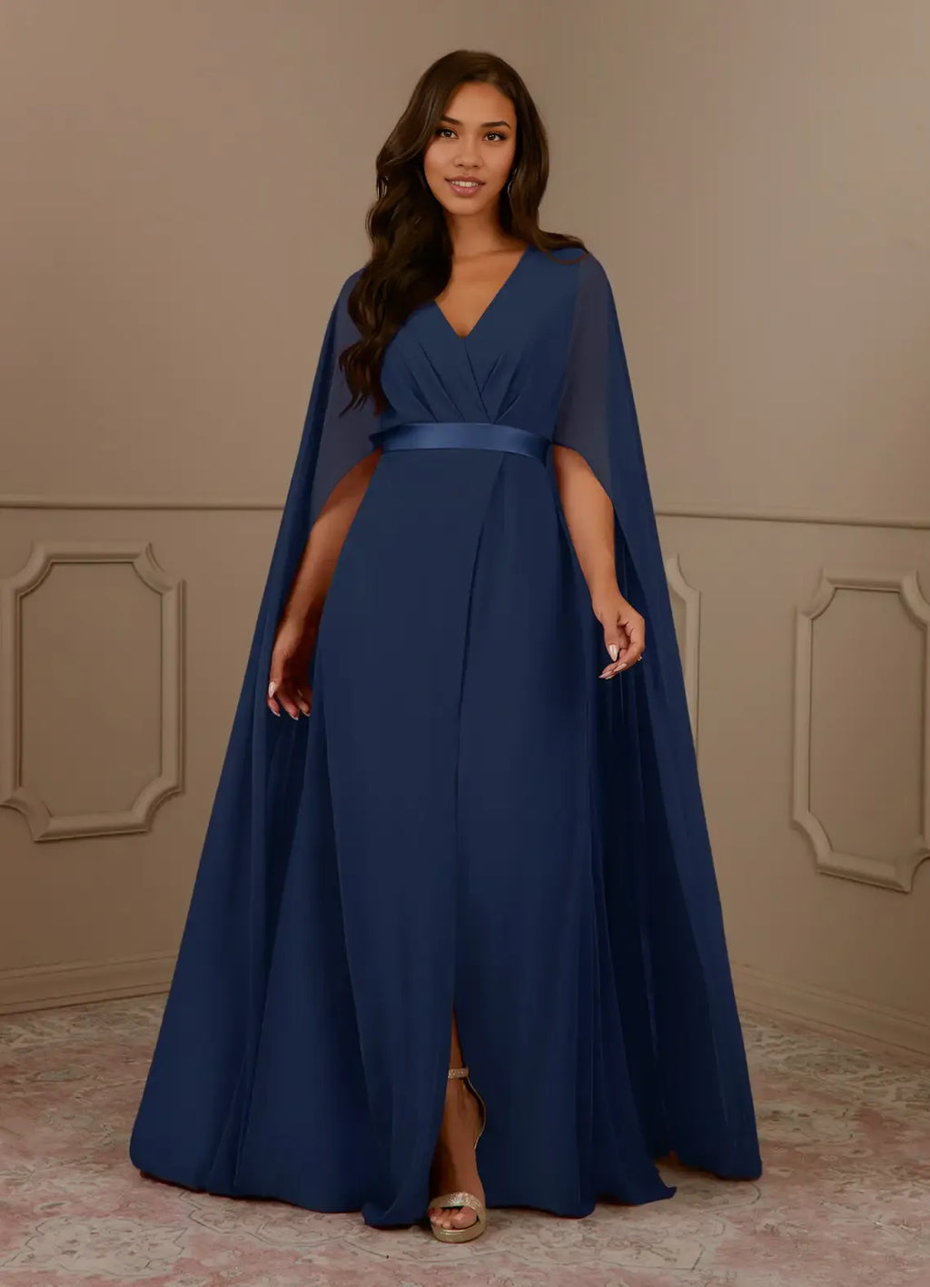 Navy Dress Dark V-Neck Pleated A-Line Mother Of The Bride Evening Dress Minimalist Cape Sleeve Back Zip Plus Size Mother Of The Bride Dress