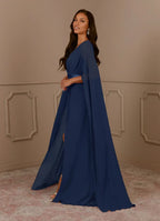 Navy Dress Dark V-Neck Pleated A-Line Mother Of The Bride Evening Dress Minimalist Cape Sleeve Back Zip Plus Size Mother Of The Bride Dress