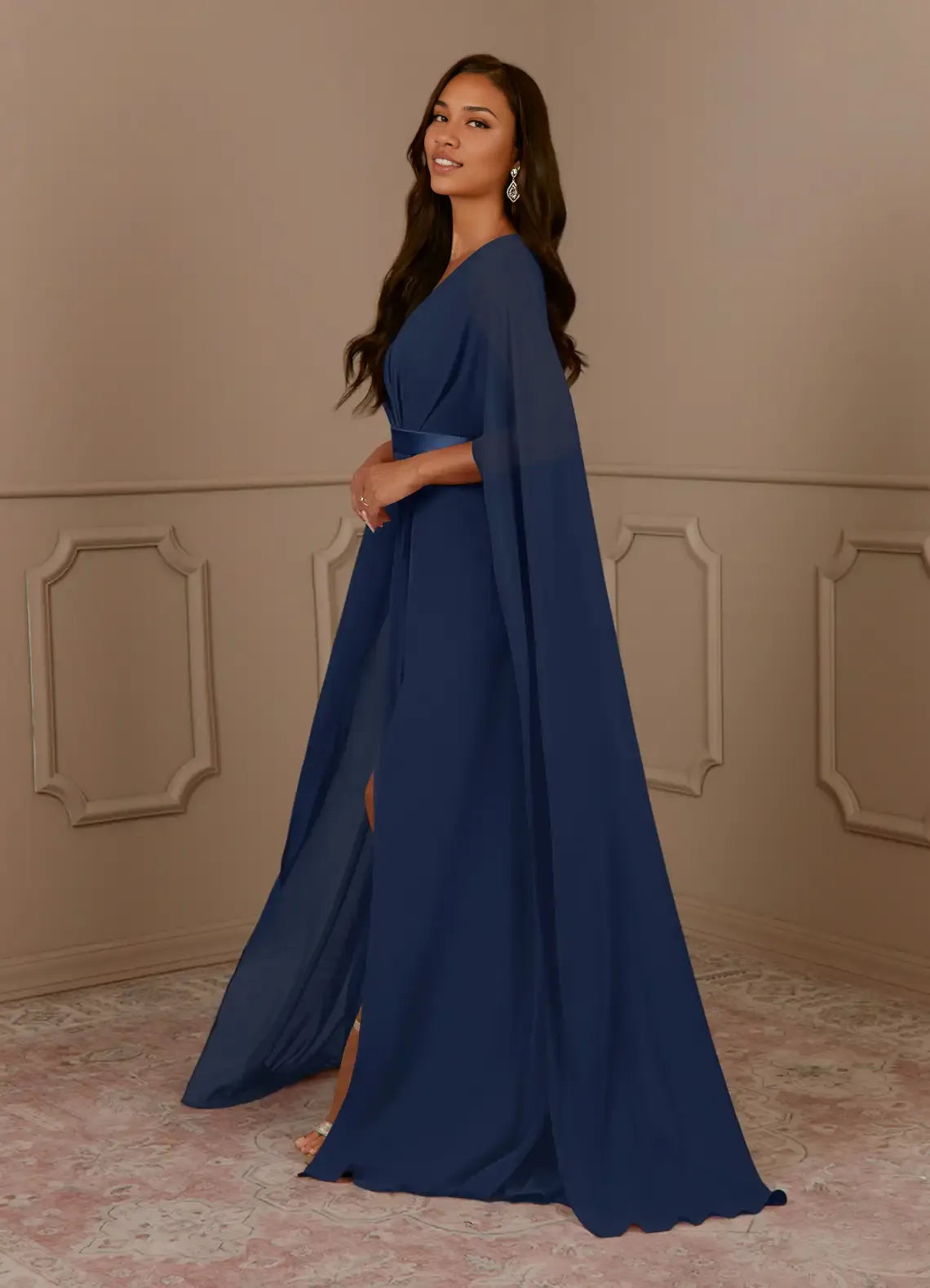 Navy Dress Dark V-Neck Pleated A-Line Mother Of The Bride Evening Dress Minimalist Cape Sleeve Back Zip Plus Size Mother Of The Bride Dress