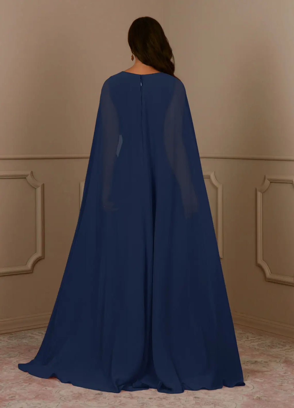 Navy Dress Dark V-Neck Pleated A-Line Mother Of The Bride Evening Dress Minimalist Cape Sleeve Back Zip Plus Size Mother Of The Bride Dress