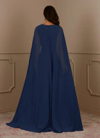 Navy Dress Dark V-Neck Pleated A-Line Mother Of The Bride Evening Dress Minimalist Cape Sleeve Back Zip Plus Size Mother Of The Bride Dress