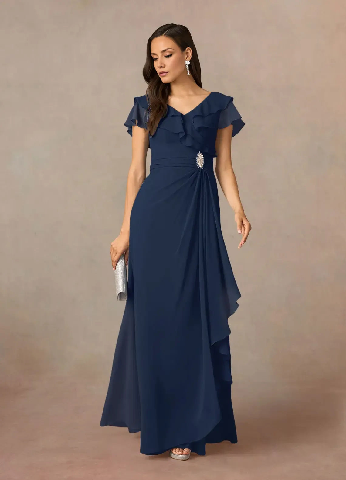 Navy Dress Dark A-Line V-Neck Ruched Mother Of The Bride Evening Dress Elegant Ruffle Flutter Sleeves V Back Plus Size Mother Of The Bride Dress