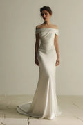 Dashing Mermaid Off Shoulder Short Sleeve Draped Back Train Length Wedding Dress