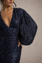 Dazzling Mermaid Deep V Neck Puff Sleeve Zipper Back Floor Length Evening Dress