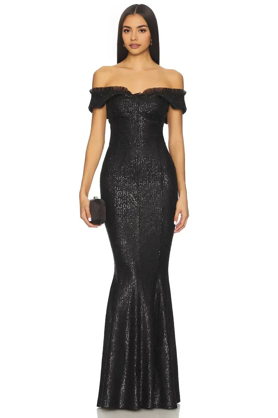 Dazzling Mermaid Off Shoulder Ruffle Sleeve Solid Back Floor Length Evening Dress