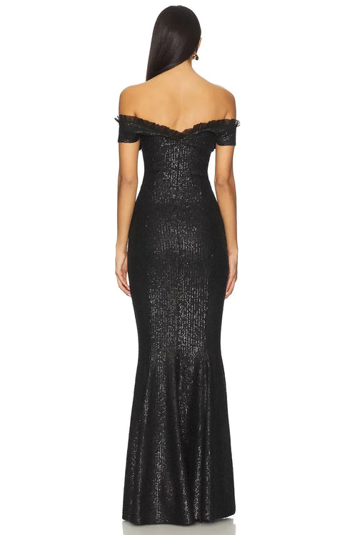 Robe de soirée longue sirène épaules dénudées à volants et dos uni