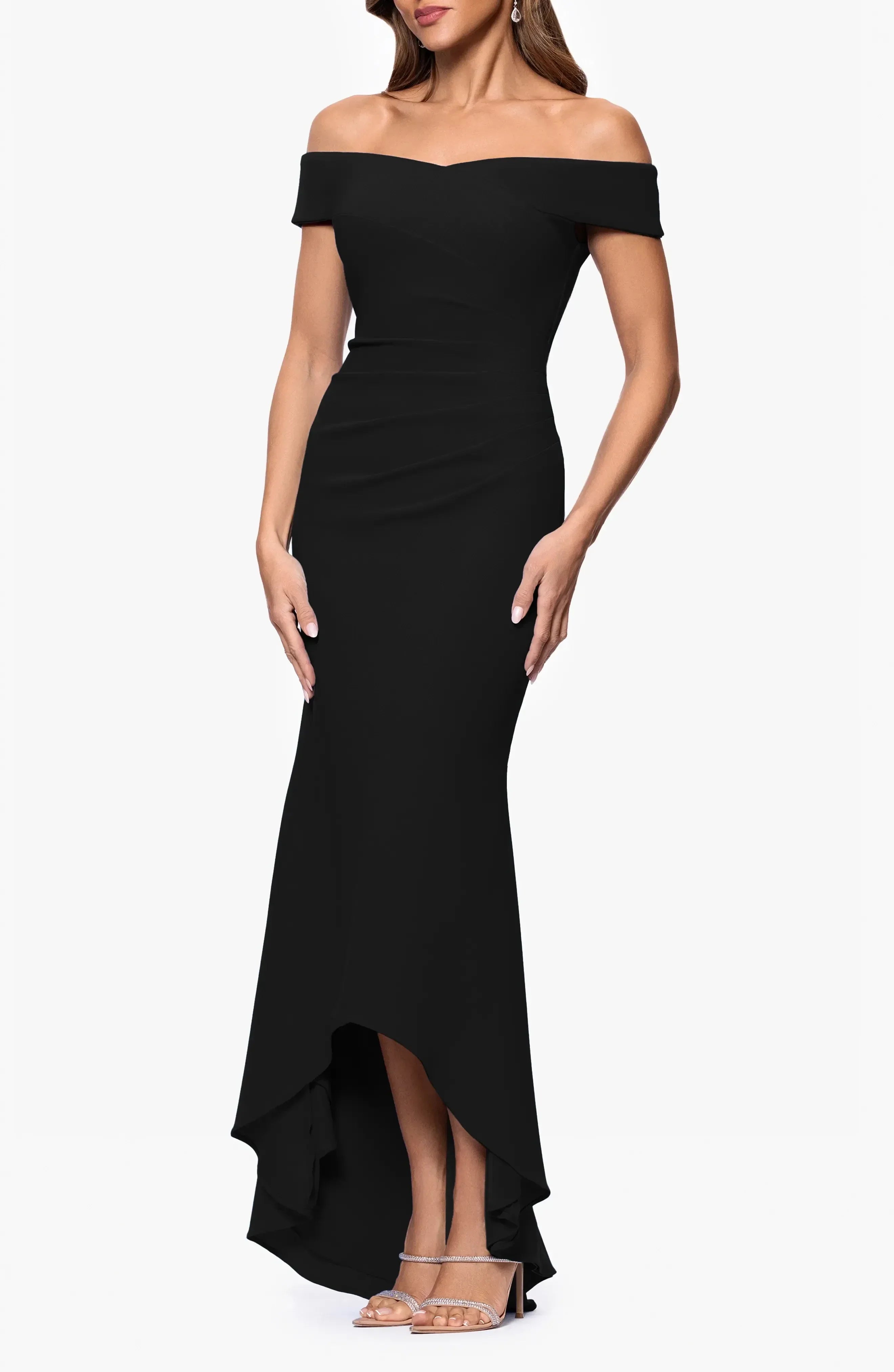 Dazzling Mermaid Off The Shoulder Short Sleeve Ruched Back High Low Evening Dress