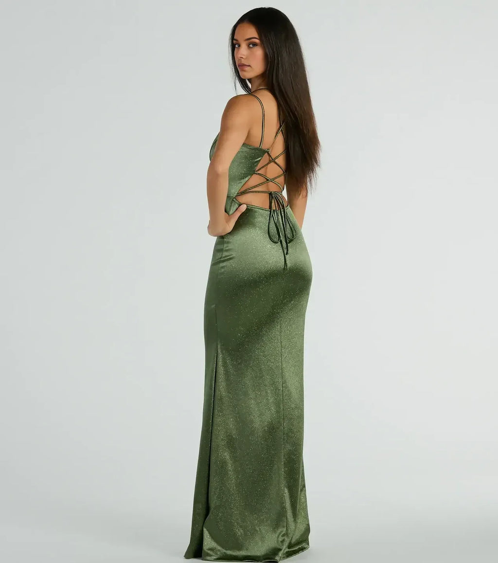 Dazzling Mermaid Plunge Neck Spaghetti Strap Lace Up Back Floor Length Prom Dress