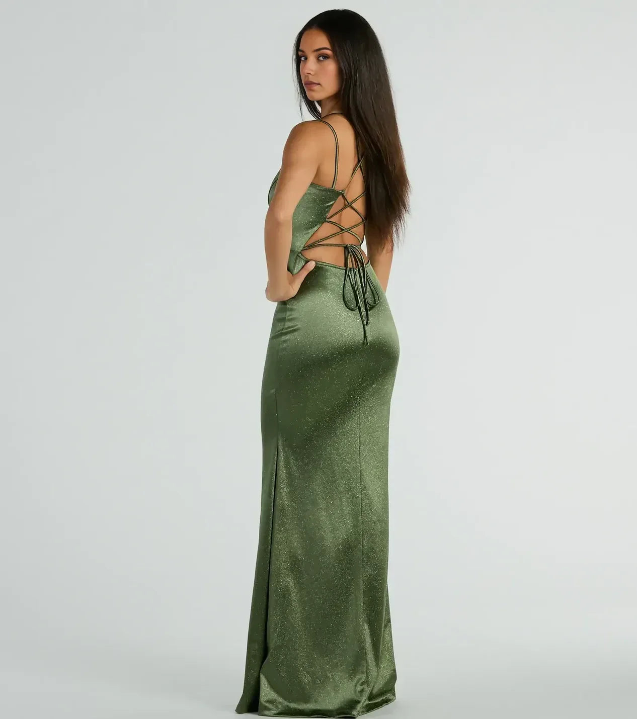 Dazzling Mermaid Plunge Neck Spaghetti Strap Lace Up Back Floor Length Prom Dress
