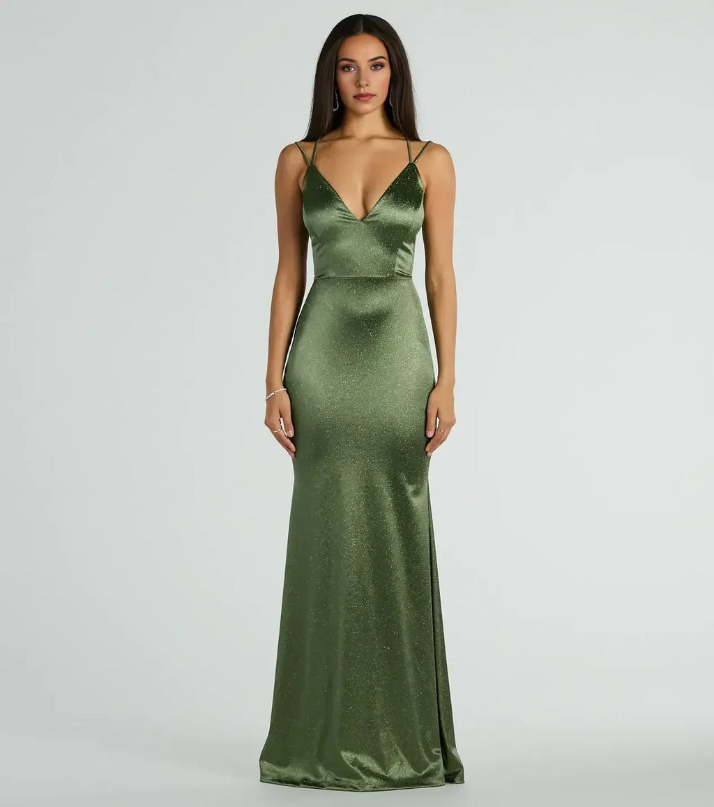 Dazzling Mermaid Plunge Neck Spaghetti Strap Lace Up Back Floor Length Prom Dress