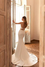 Dazzling Mermaid Spaghetti Strap Lace Up Back Long Length Wedding Dress with Detachable Tulle Cape