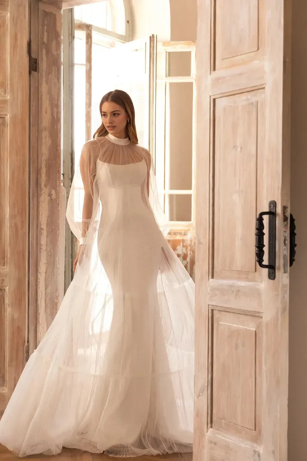 Dazzling Mermaid Spaghetti Strap Lace Up Back Long Length Wedding Dress with Detachable Tulle Cape