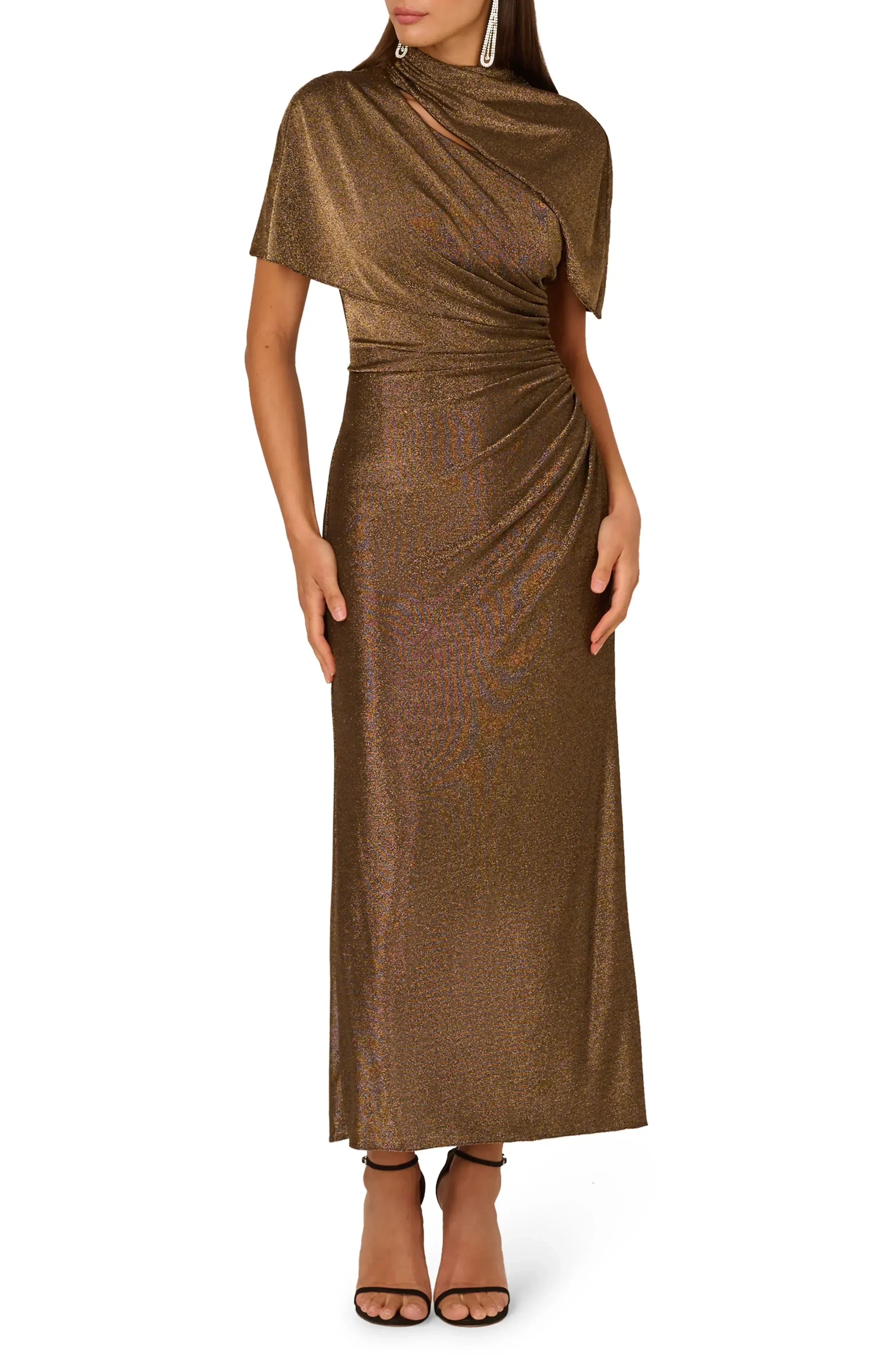 Dazzling Sheath High Neck Cape Sleeve Zipper Back Midi Length Evening Dress