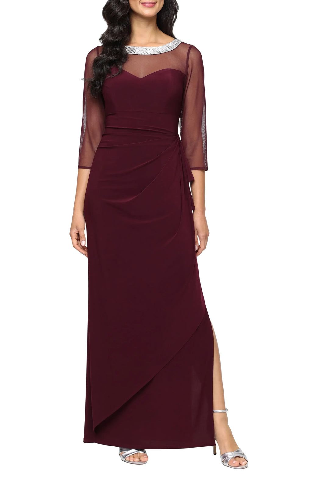 Dazzling Sheath Illusion Neck Three Quarter Sleeve Zipper Back Floor Length Evening Dress