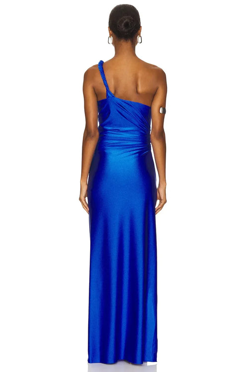 Robe de soirée fourreau éblouissante, asymétrique à une épaule, sans manches, froncée au dos, longueur ras du sol