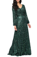 Dazzling Sheath V Neck Long Sleeve Zipper Back Floor Length Evening Dress