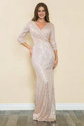 Dazzling Sheath V-Neck Three Quarter Sleeve Closed Back Floor Length Prom Dress