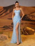 Sky Blue Mermaid Sweetheart High-Slit Applique Sky Floor-Length Prom Dress
